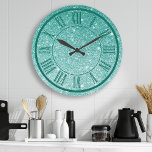 Teal Glitter Roman Numeral Gnistra Girly Stor Klocka<br><div class="desc">Teal Glitter Roman Numeral Gnistra Girly Large Clock</div>
