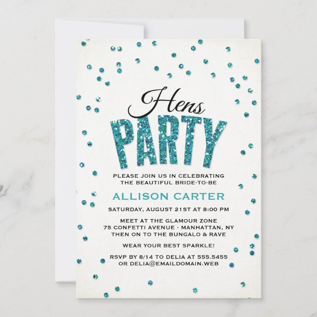 Teal Glitter Se Confetti Hens Party Inbjudningar (Framsida)