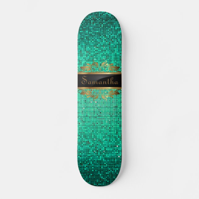 Teal Glitter Sequin Disco Glitz Comp Skateboard (Framsida)