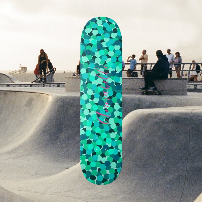 Teal Glitter Toppen Star Cute Mini Skateboard Bräda 18,5 Cm (Teal Blue Sea Dotted Pattern - Glitter Magic - Custom Name - Modern Girly )