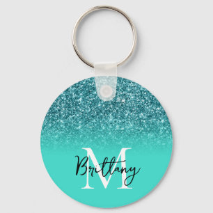 Teal Glitter Turcouise Ombre Monogrammed Nyckelring