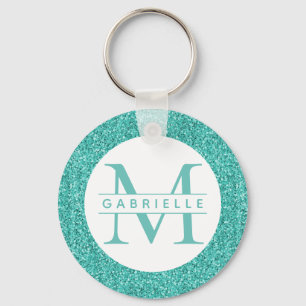 Teal Glitter Turquise Monogram Keychain Nyckelring
