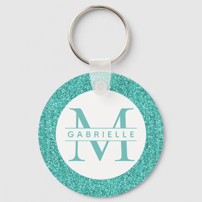 Teal Glitter Turquise Monogram Keychain Nyckelring (Framsida)