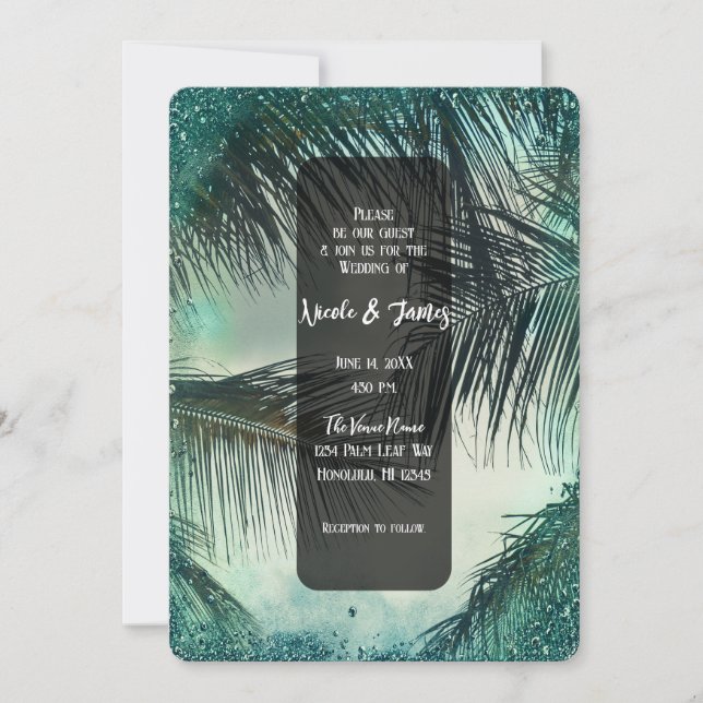 Teal Glitter Vintage Glam Handflatan Tropical Bröl Inbjudningar (Framsida)