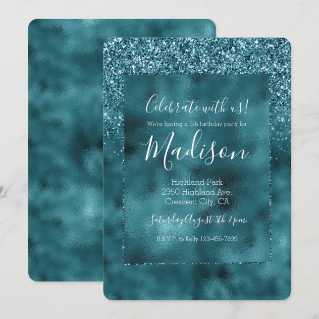 Teal Glitz Glitter Glam Inbjudningar (Fram/baksida)