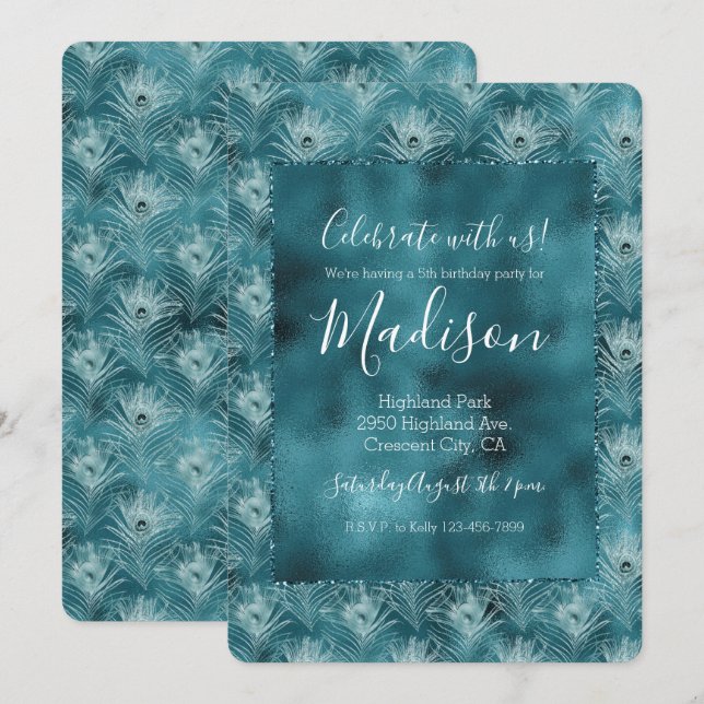 Teal Glitzy Glam Peacock Feathers Inbjudningar (Fram/baksida)