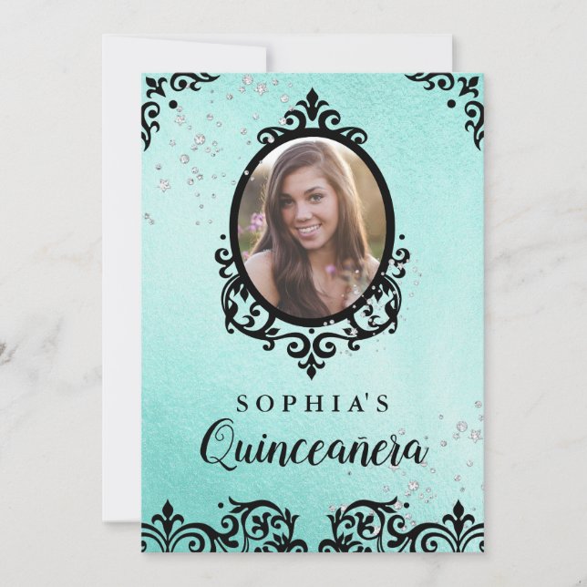 Teal Gnistra Damask Photo Quinceanera Inbjudningar (Framsida)