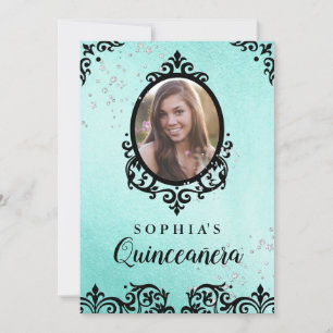 Teal Gnistra Damask Photo Quinceanera Inbjudningar