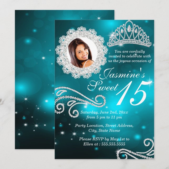 Teal Gnistra Diamond Tiara Photo Quinceanera Inbjudningar (Fram/baksida)