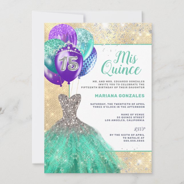 Teal Gnistra Dress Silver Glitter Mis Quinceañera Inbjudningar (Framsida)