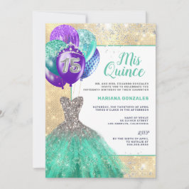 Teal Gnistra Dress Silver Glitter Mis Quinceañera Inbjudningar