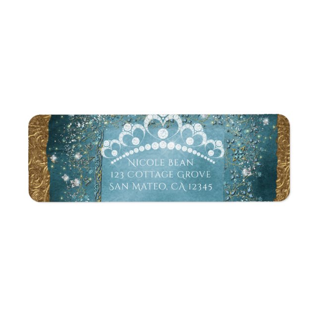 Teal Gnistra & Guld Diamond Tiara Rulla Party Returadress Etikett (Framsidan)