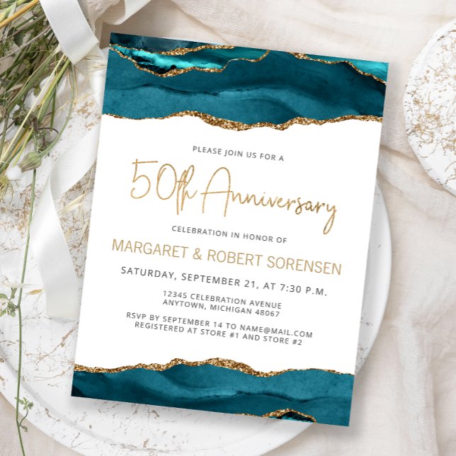 Teal Gold Agate 50th Anniversary Invitation Vykort (Skapare uppladdad)