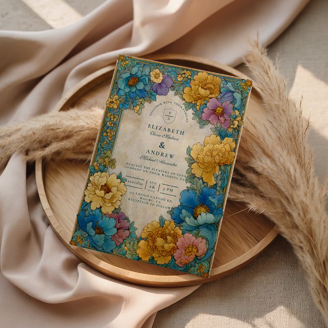 Teal Gold Botanical Wedding Inbjudningar (Skapare uppladdad)