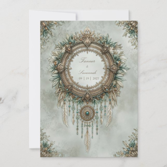 Teal Gold Dreamcatcher Boho Feather Wedding Inbjudningar (Framsida)