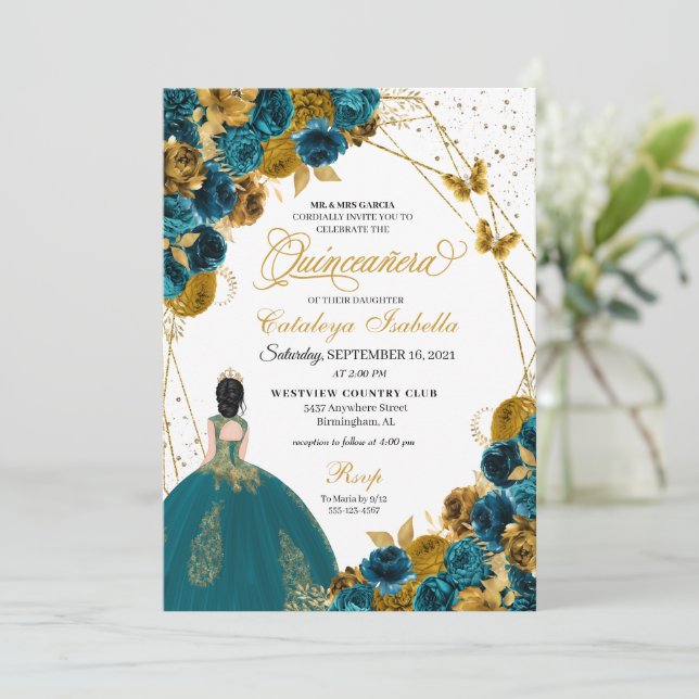 Teal & Gold Fjäril Prinsessa Quinceanera Inbjudningar (Stående Fram)