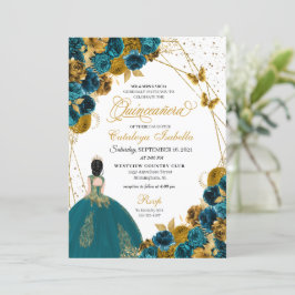 Teal & Gold Fjäril Prinsessa Quinceanera Inbjudningar