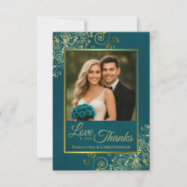 Teal & Gold Love & Thanks Photo & Note Wedding Tack Kort