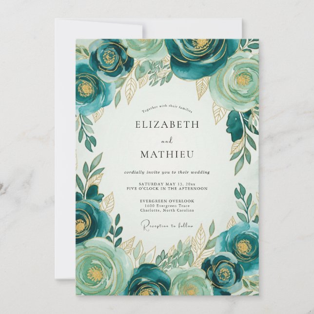Teal Gold Luxe Botanical Wedding Inbjudningar (Framsida)