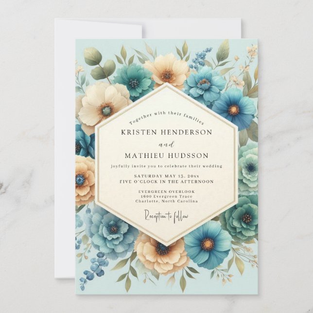 Teal Gold Painterly Bloom Wedding Inbjudningar (Framsida)