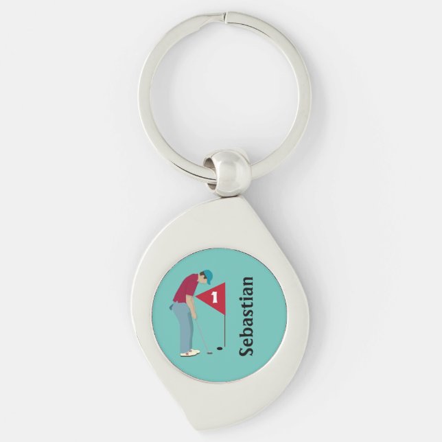 Teal Golfer Pending Keychain Swirl Silverfärgad Nyckelring (Framsidan)