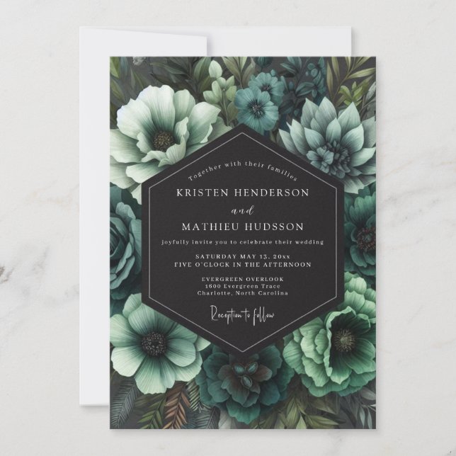 Teal Gothic Bloom Wedding Inbjudningar (Framsida)