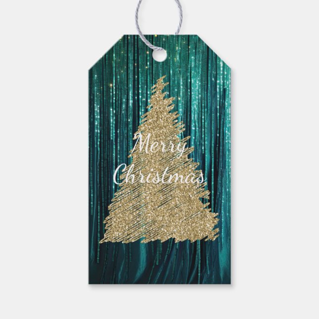 Teal Gräs Grönt Tinsel Guld Julgran Presentetikett (Framsidan)