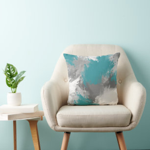 Teal Grått Abstrakt Brushstrokes Kudde