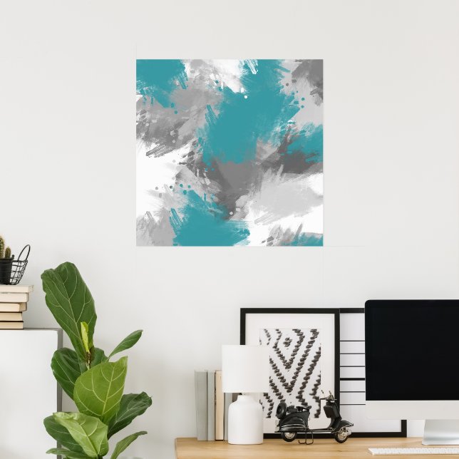 Teal Grått Abstrakt Modern Brushstrokes Poster (Hemmakontoret)