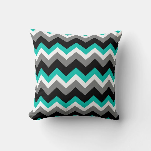 Teal Grått Black Chevron Mönster Kudde (Framsida)