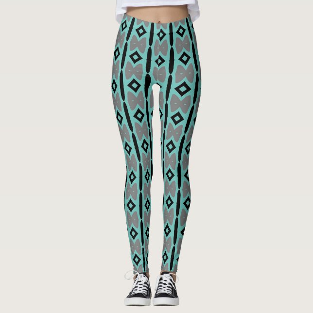 Teal Grått Black Unique Mönster Leggings (Framsida)