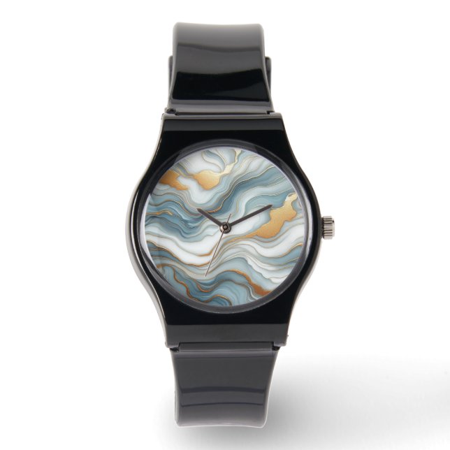 Teal Grått Blue Guld Marble Art Mönster Armbandsur (Framsida)