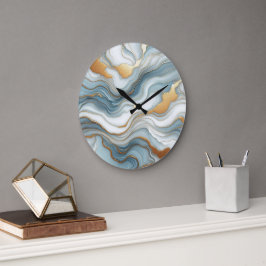 Teal Grått Blue Guld Marble Art Mönster Stor Klocka