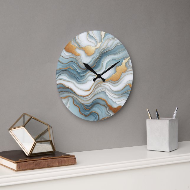 Teal Grått Blue Guld Marble Art Mönster Stor Klocka (Kontor)