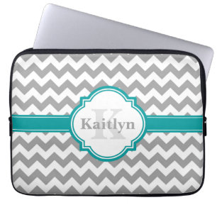 Teal Grått Chevron Mönster & Moroccan Quatrefoil Laptop Fodral