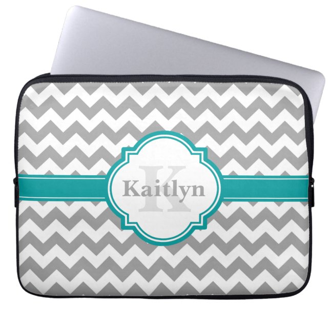Teal Grått Chevron Mönster & Moroccan Quatrefoil Laptop Fodral (Framsidan)