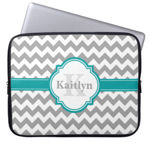 Teal Grått Chevron Mönster & Moroccan Quatrefoil Laptop Sleeve