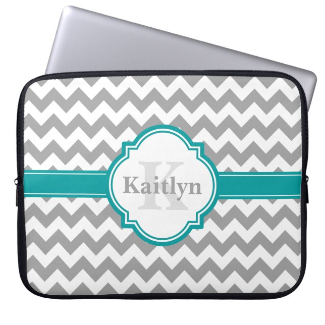 Teal Grått Chevron Mönster & Moroccan Quatrefoil Laptop Sleeve (Framsidan)