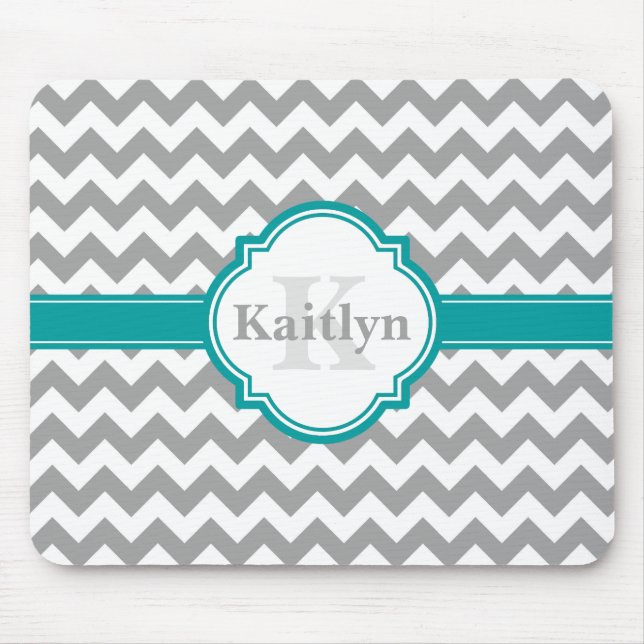 Teal Grått Chevron Mönster & Moroccan Quatrefoil Musmatta (Framsidan)