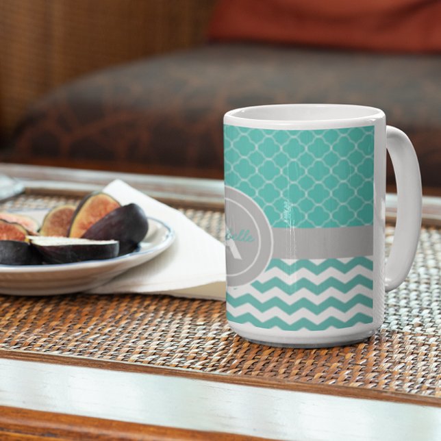 Teal Grått Chevron Quatrefoil Kaffemugg (Skapare uppladdad)