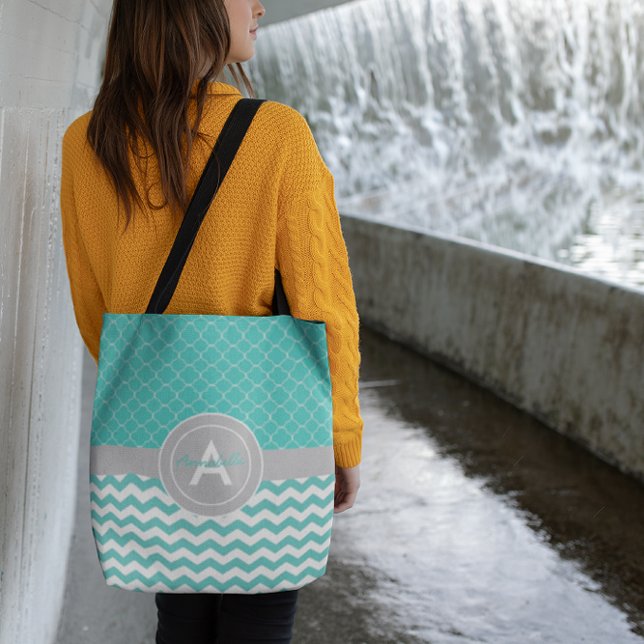 Teal Grått Chevron Quatrefoil Tygkasse (Skapare uppladdad)