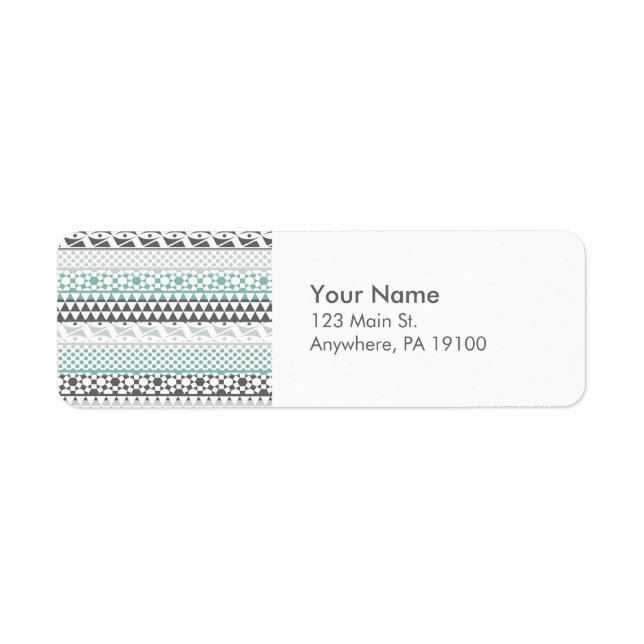 Teal Grått Geometric Aztec Tribal Print Mönster Returadress Etikett (Framsidan)