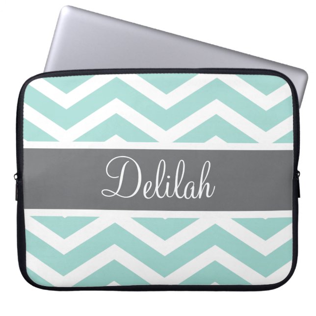 Teal Grått Grått Chevron Anpassningsbar Laptop Fodral (Framsidan)
