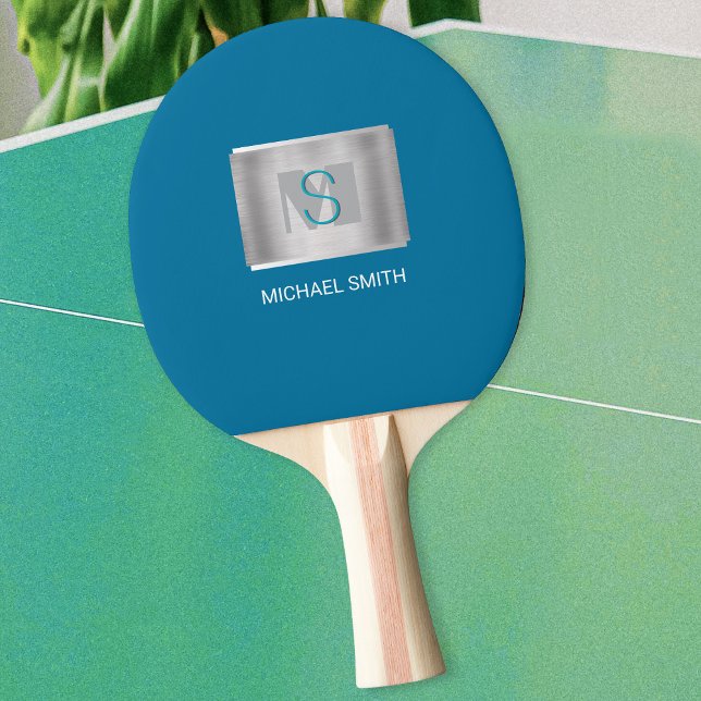Teal & Grått Monogram, vit Namn, Silver, blå Pingisracket (Skapare uppladdad)