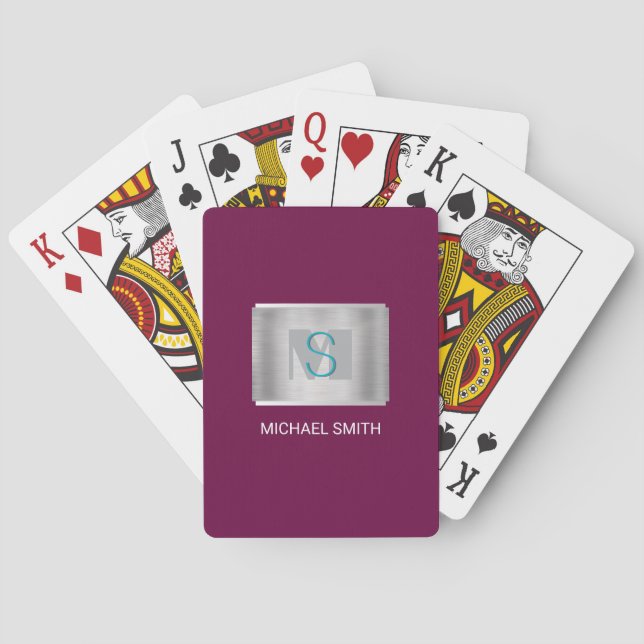 Teal & Grått Monogram, Vita Namn Silver, Maroon Casinokort (Baksidan)