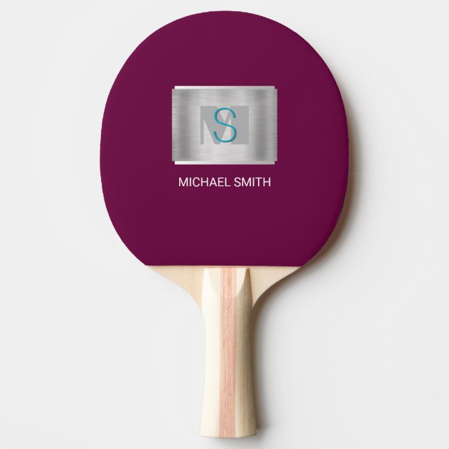 Teal & Grått Monogram, Vita Namn Silver, Maroon Pingisracket (Framsidan)
