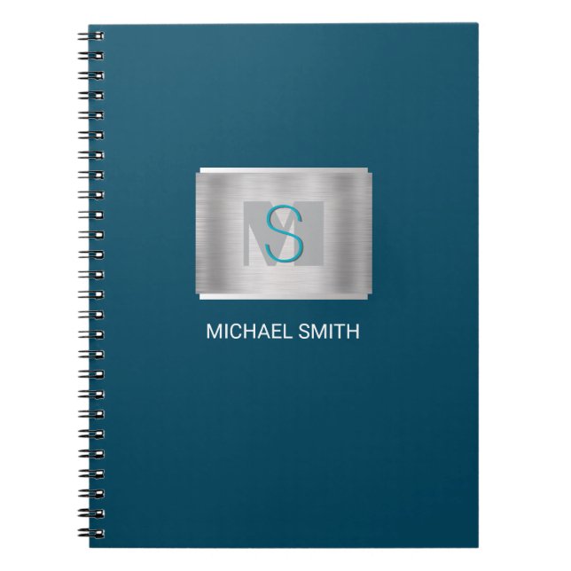 Teal & Grått Monogram, Vita Namn, Silver Mörk blåt Anteckningsbok (Framsidan)