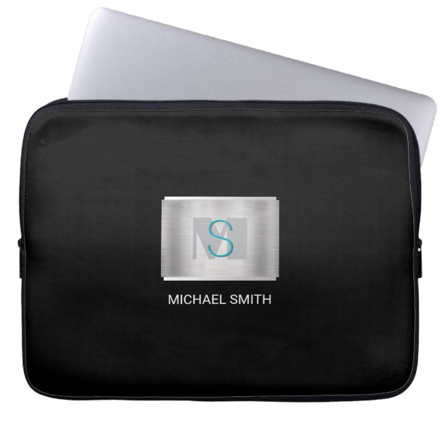 Teal & Grått Monogram, Vita Namn, Silver, Svart Laptop Fodral (Framsidan)