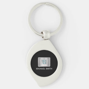 Teal & Grått Monogram, Vita Namn Silver, Svart Swirl Silverfärgad Nyckelring
