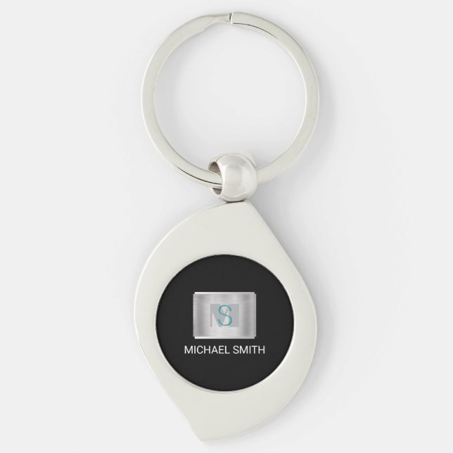 Teal & Grått Monogram, Vita Namn Silver, Svart Swirl Silverfärgad Nyckelring (Framsidan)